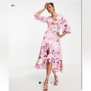 Floral Satin Wrap high low dress